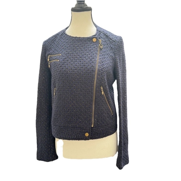 Q. Mack Blue Gold Tweed Moto Jacket Women's Size M Asymmetrical Zipper Style - Picture 1 of 11